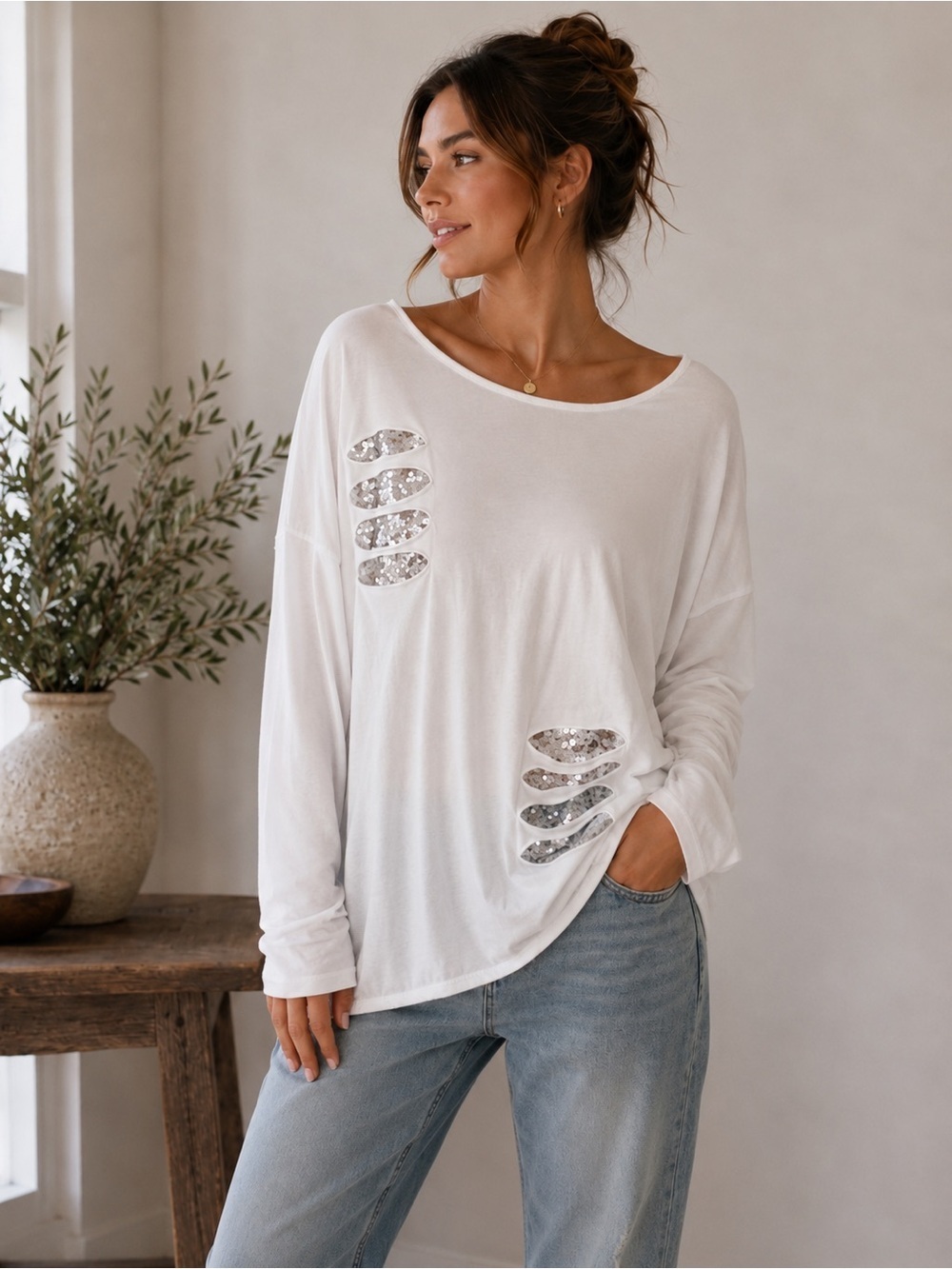 Bella Amore White Long Sleeve Pullover with Silver Sequins One Size Distressed